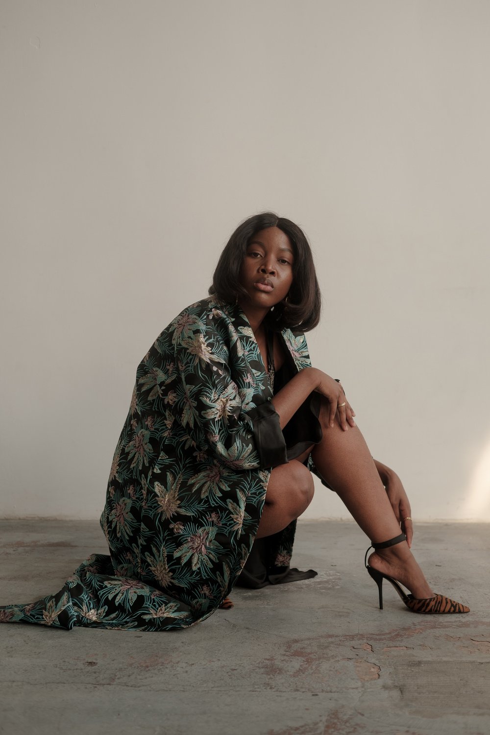 Woman in Green Floral Robe with Heels